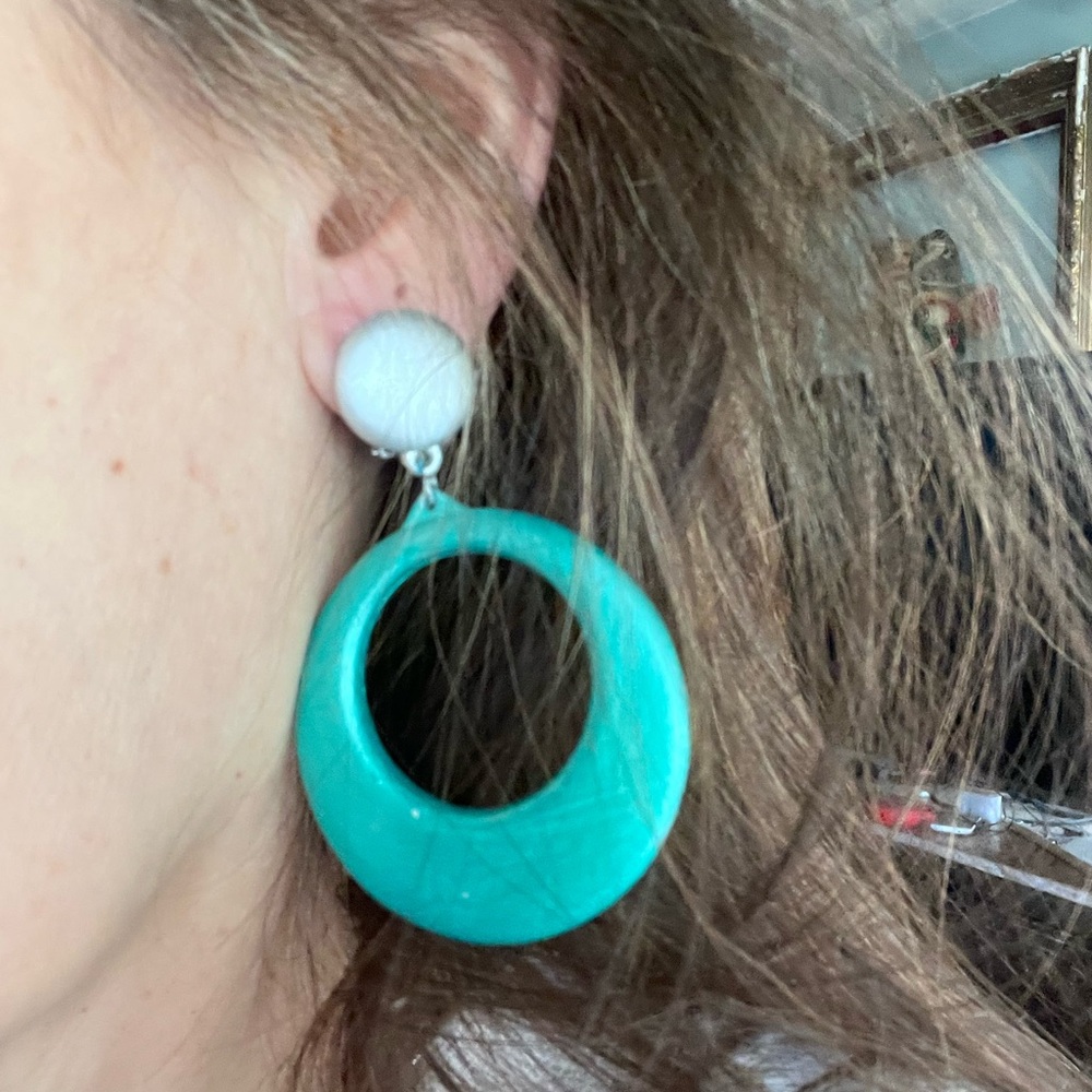 Vintage 80s Turquoise Color Clip on Statement Hoop Earrings
